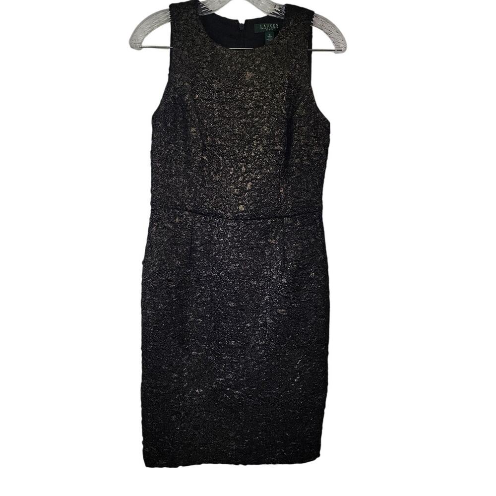 Lauren Ralph Lauren Sleeveless Textured Sheath Cocktail Gold Accents Dress 6